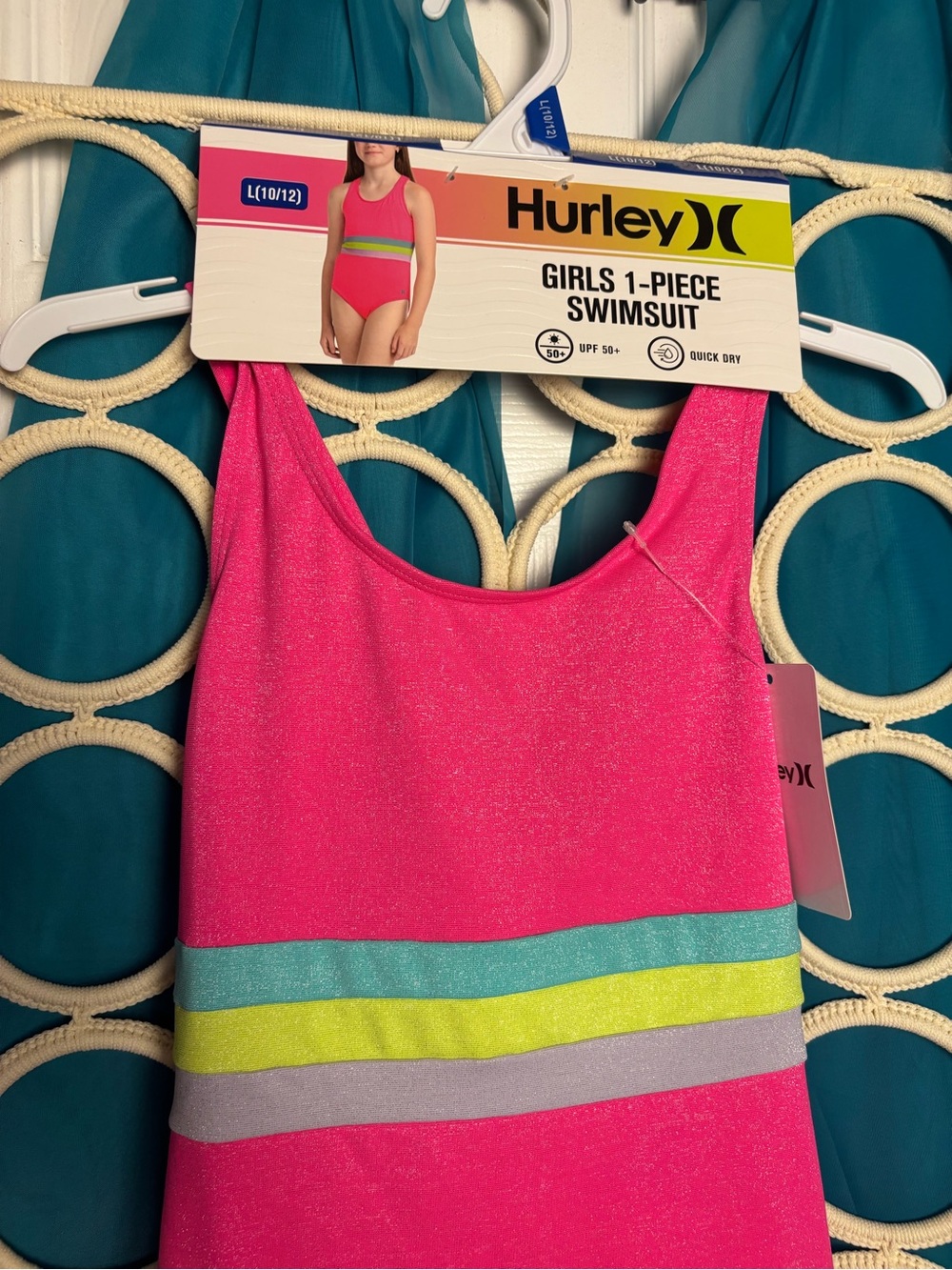 Hurley Pink Girls' One-Piece Swimsuit with Teal, Yellow & Gray Stripes Large NWT - Picture 5 of 13